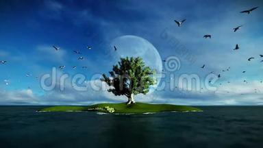 孤岛和树木环绕着海洋，海鸥飞翔，清晨，满月